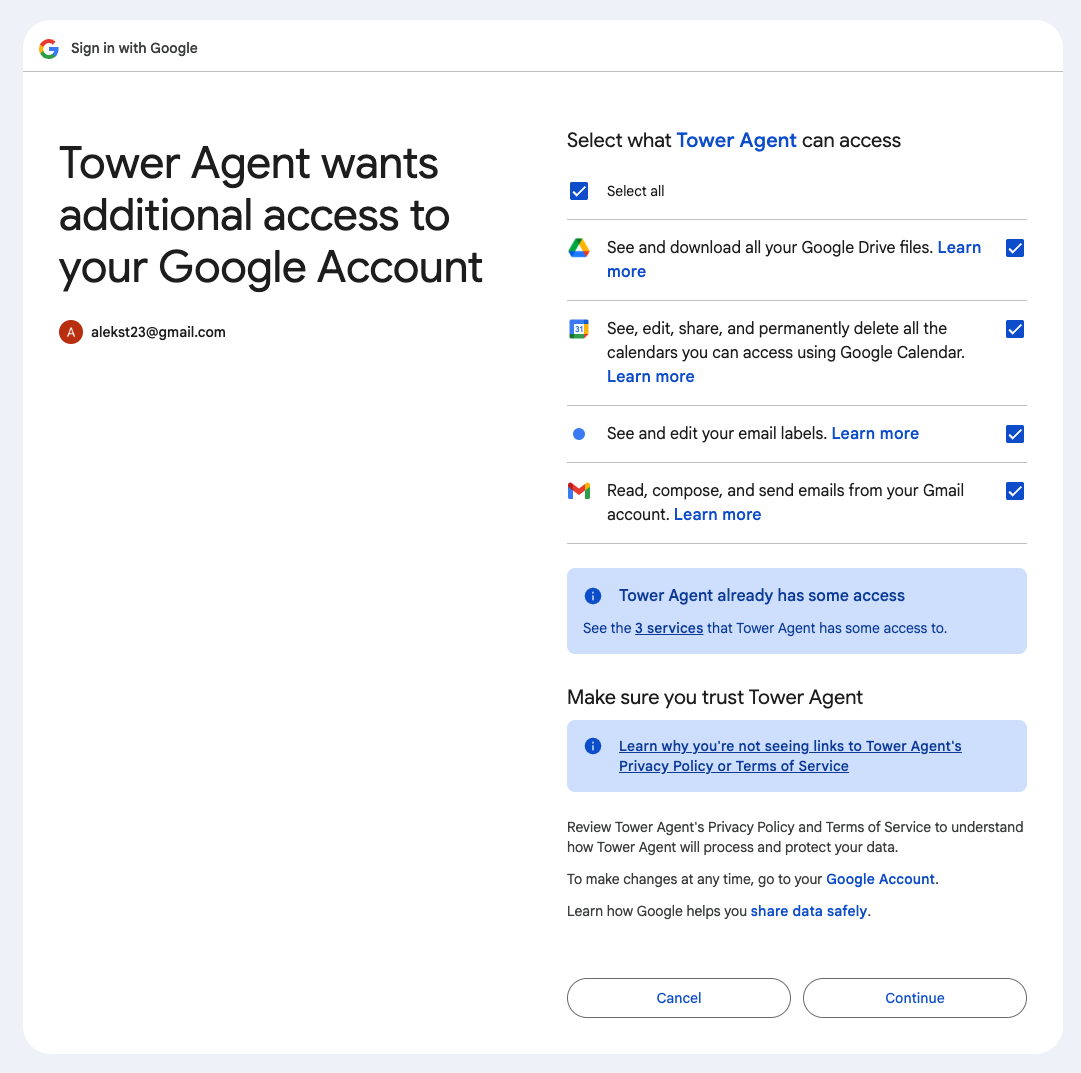 Tower Agent wants additional access to your Google account